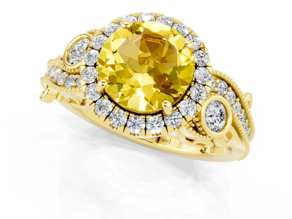 Yellow gold Round Cut Yellow Sapphire Halo Ring with Milgrain Pavé Band and Four-Prong Setting
