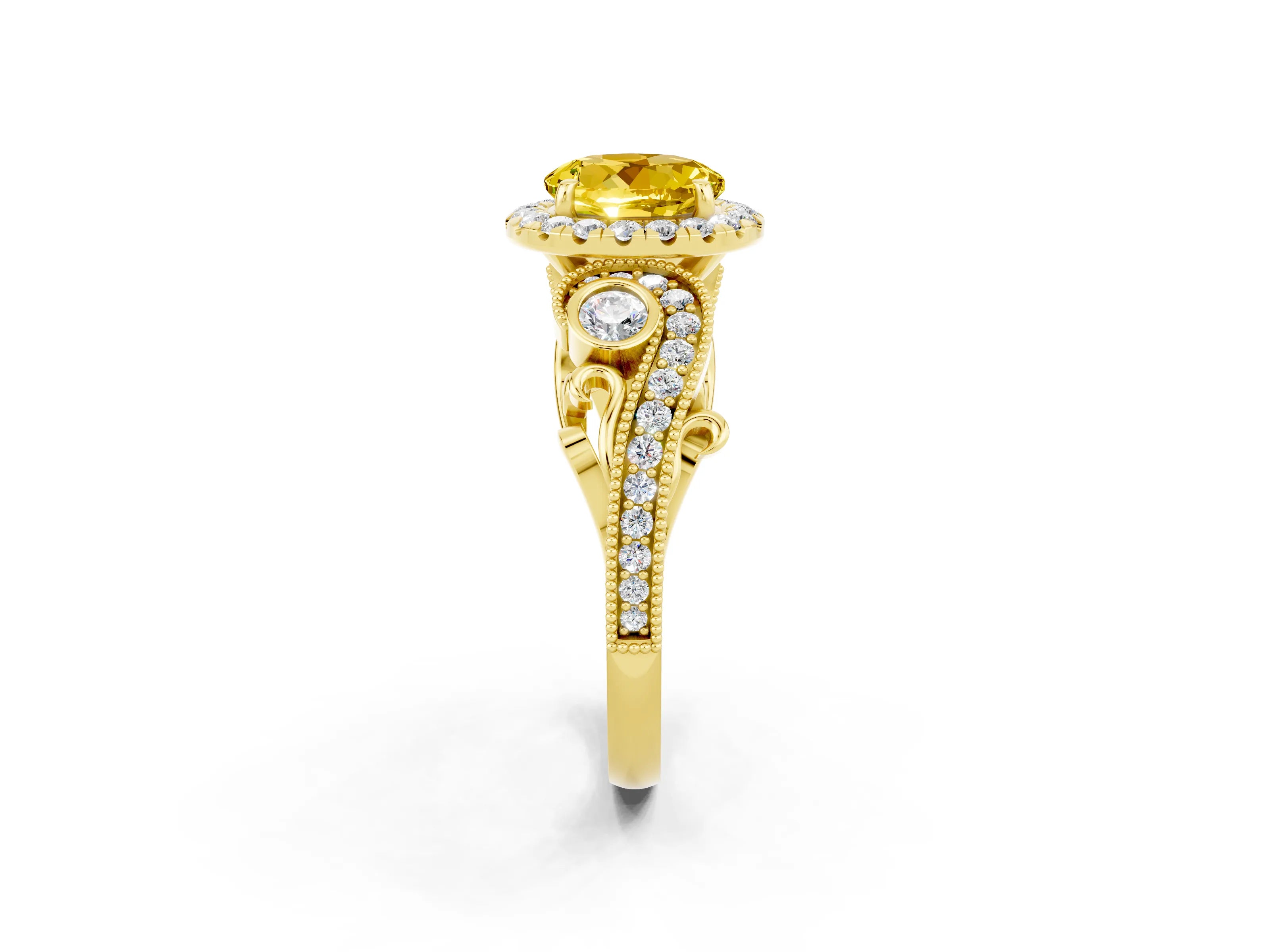 Yellow gold Round Cut Yellow Sapphire Halo Ring with Milgrain Pavé Band and Four-Prong Setting_14