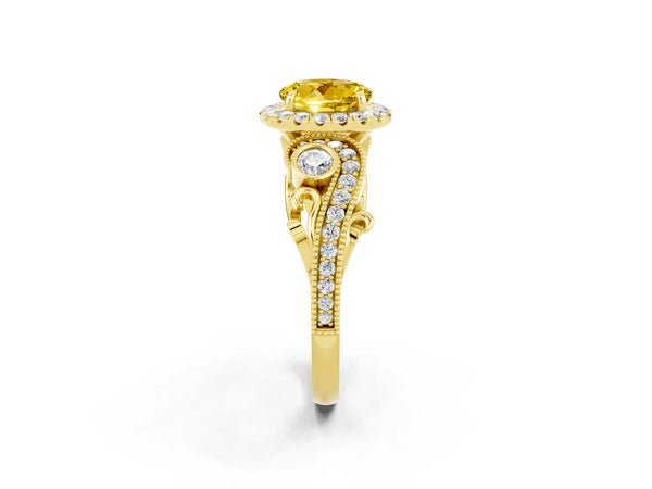 Yellow gold Round Cut Yellow Sapphire Halo Ring with Milgrain Pavé Band and Four-Prong Setting