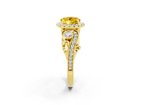 Yellow gold Round Cut Yellow Sapphire Halo Ring with Milgrain Pavé Band and Four-Prong Setting_14