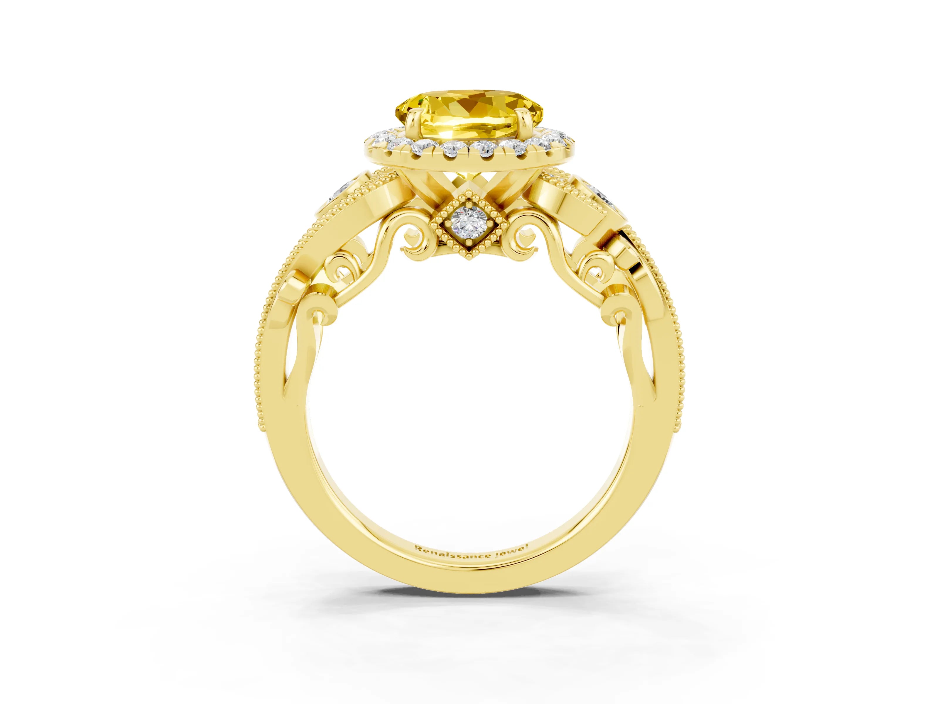 Yellow gold Round Cut Yellow Sapphire Halo Ring with Milgrain Pavé Band and Four-Prong Setting_15