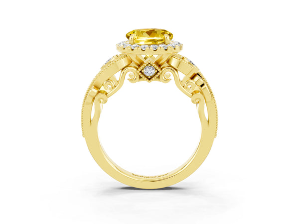 Yellow gold Round Cut Yellow Sapphire Halo Ring with Milgrain Pavé Band and Four-Prong Setting