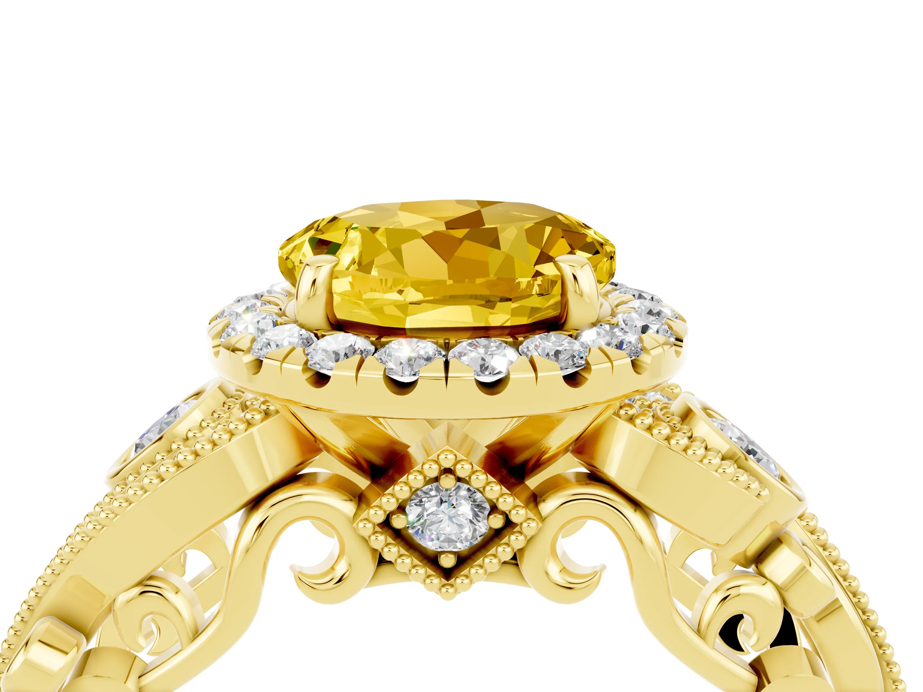 Yellow gold Round Cut Yellow Sapphire Halo Ring with Milgrain Pavé Band and Four-Prong Setting_16