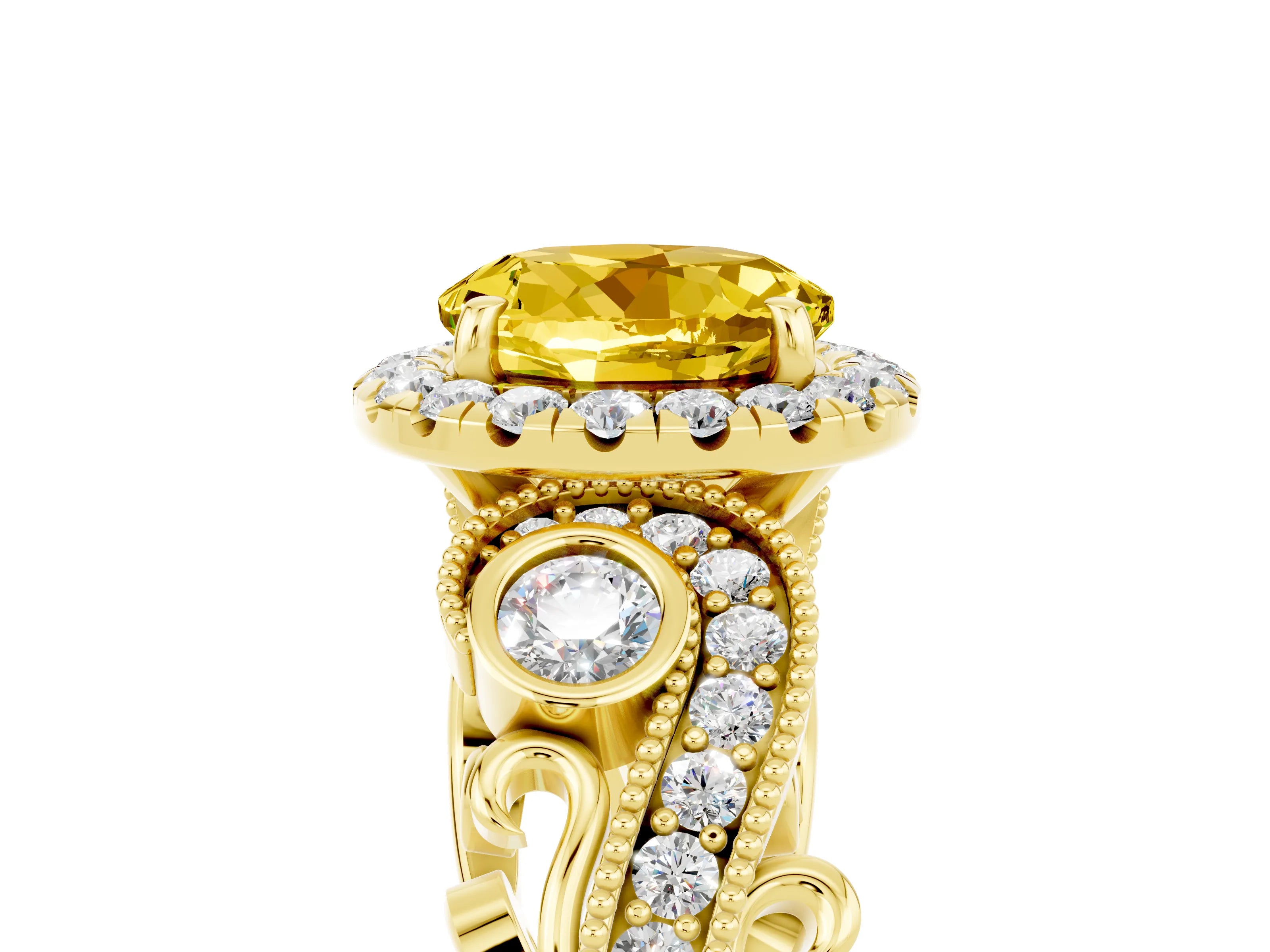 Yellow gold Round Cut Yellow Sapphire Halo Ring with Milgrain Pavé Band and Four-Prong Setting_17