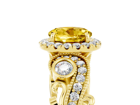 Yellow gold Round Cut Yellow Sapphire Halo Ring with Milgrain Pavé Band and Four-Prong Setting_17
