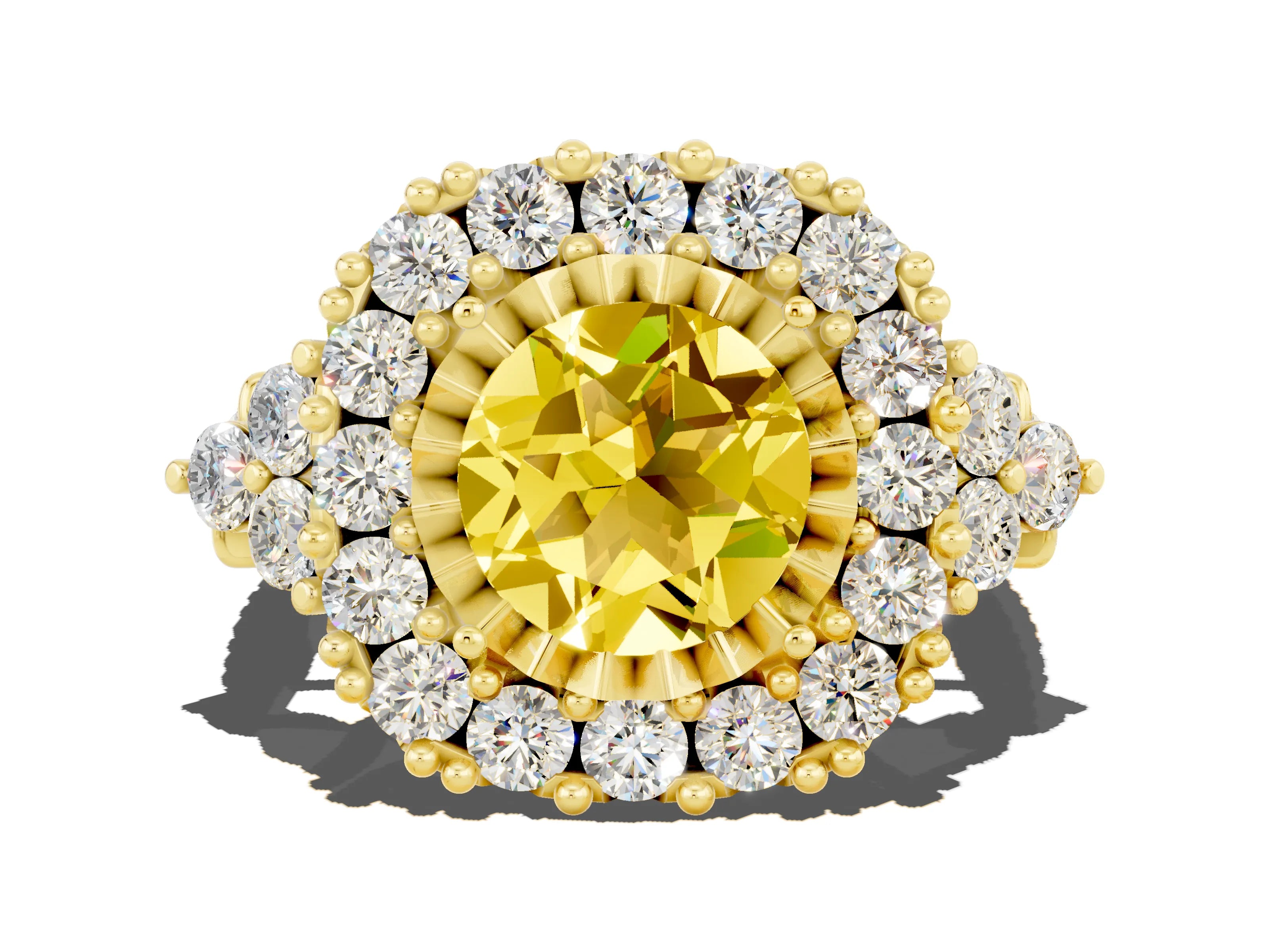 Yellow gold Round Cut Yellow Sapphire Halo Ring with Pavé Band and Four-Prong Setting_12