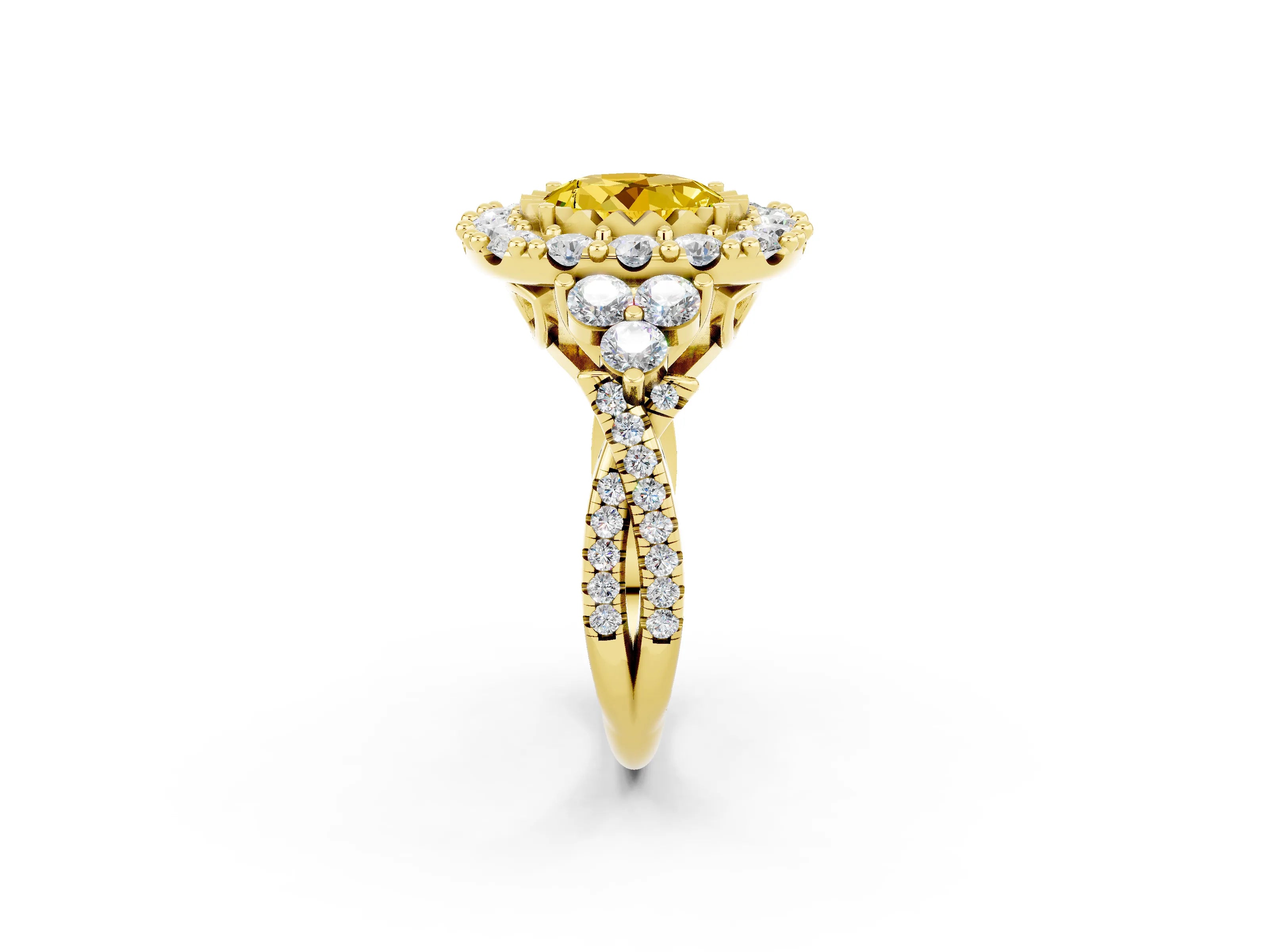 Yellow gold Round Cut Yellow Sapphire Halo Ring with Pavé Band and Four-Prong Setting_14