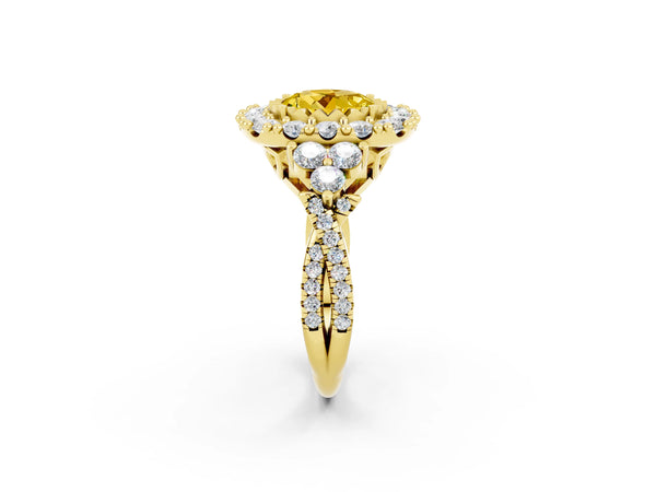 Yellow gold Round Cut Yellow Sapphire Halo Ring with Pavé Band and Four-Prong Setting