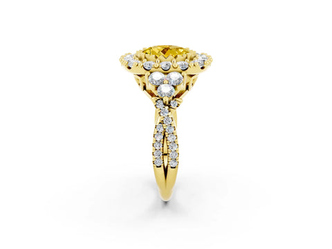 Yellow gold Round Cut Yellow Sapphire Halo Ring with Pavé Band and Four-Prong Setting_14