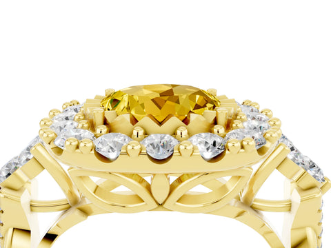 Yellow gold Round Cut Yellow Sapphire Halo Ring with Pavé Band and Four-Prong Setting_16