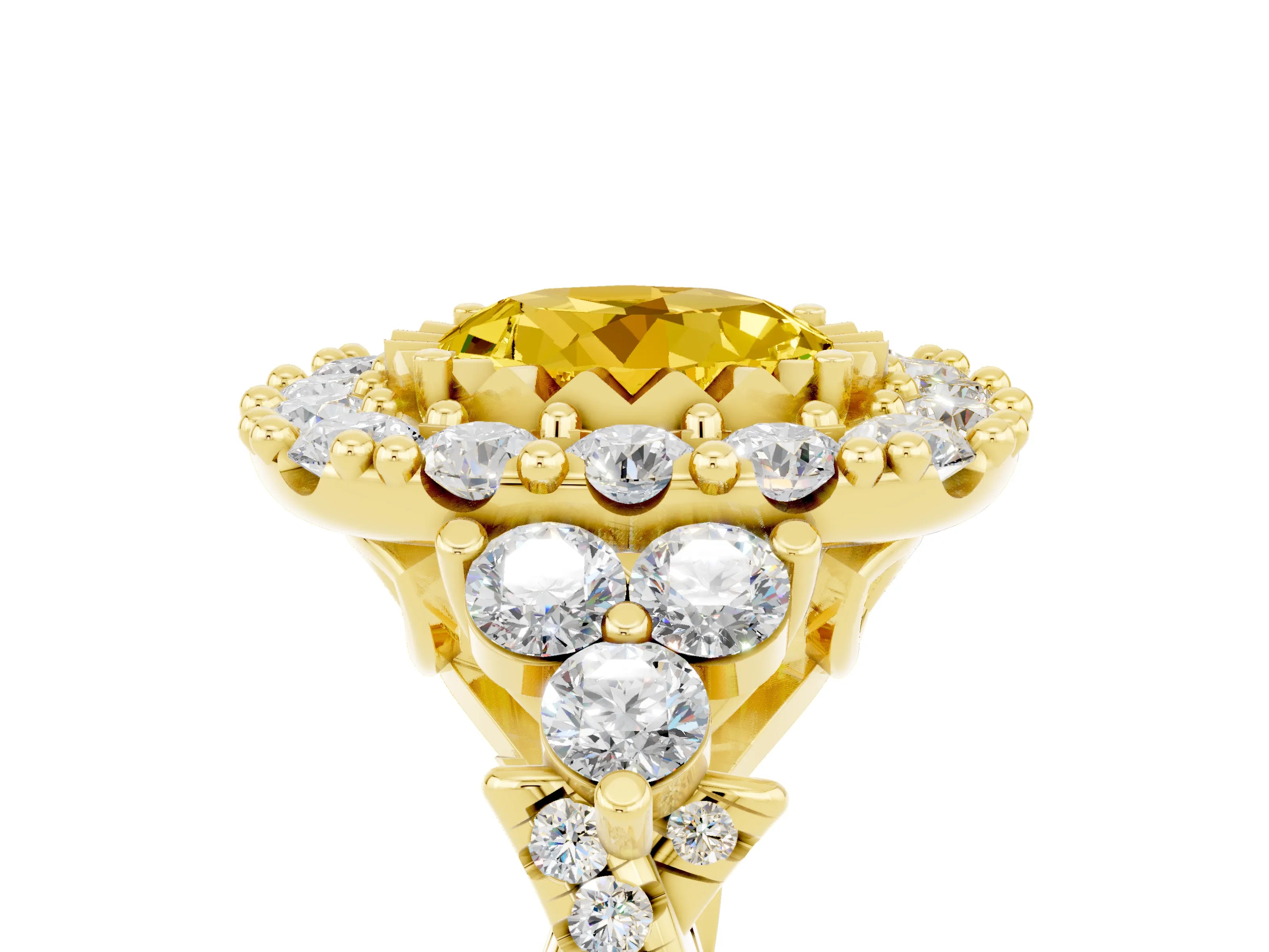 Yellow gold Round Cut Yellow Sapphire Halo Ring with Pavé Band and Four-Prong Setting_17