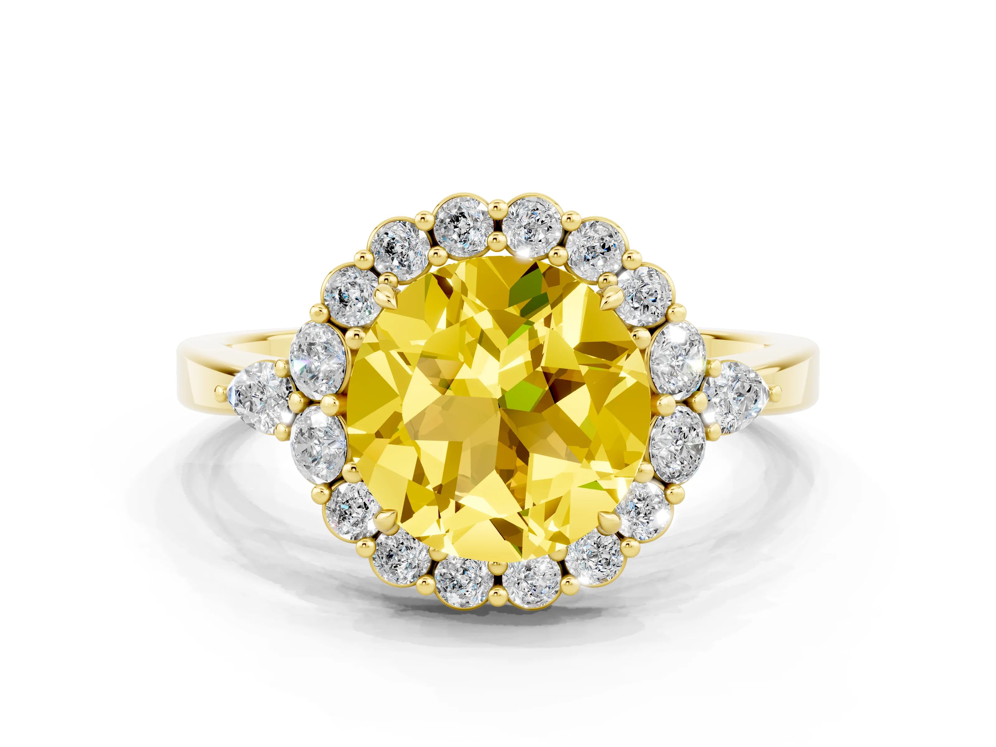 Yellow gold Round Cut Yellow Sapphire Halo Ring with Pear Side Stones and Prong Setting_12