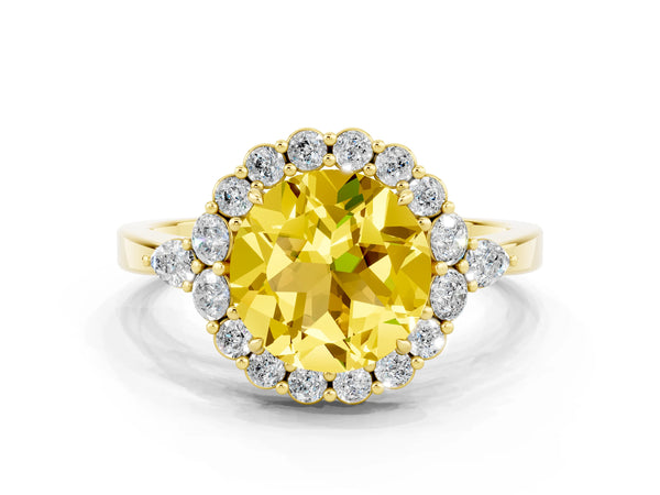 Yellow gold Round Cut Yellow Sapphire Halo Ring with Pear Side Stones and Prong Setting