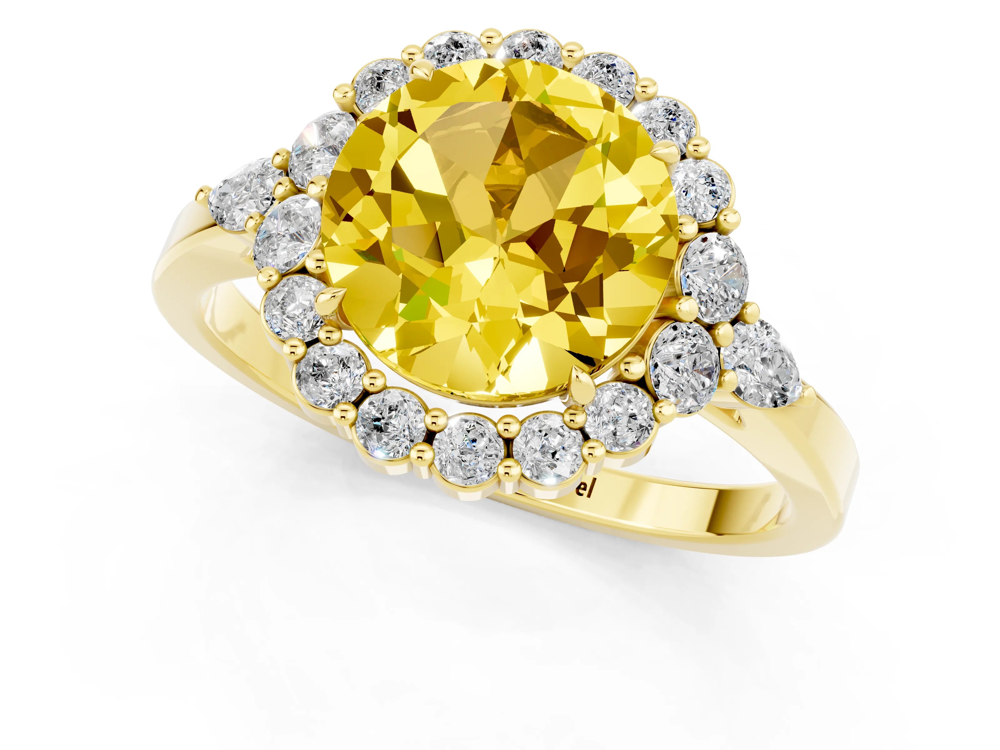 Yellow gold Round Cut Yellow Sapphire Halo Ring with Pear Side Stones and Prong Setting_13
