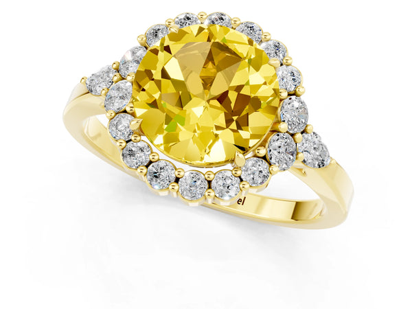 Yellow gold Round Cut Yellow Sapphire Halo Ring with Pear Side Stones and Prong Setting