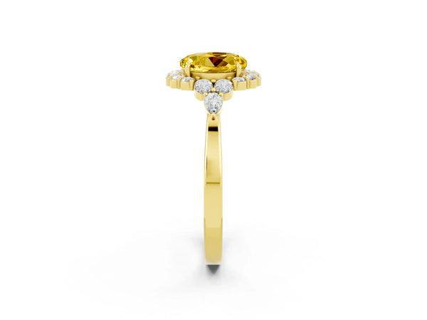 Yellow gold Round Cut Yellow Sapphire Halo Ring with Pear Side Stones and Prong Setting