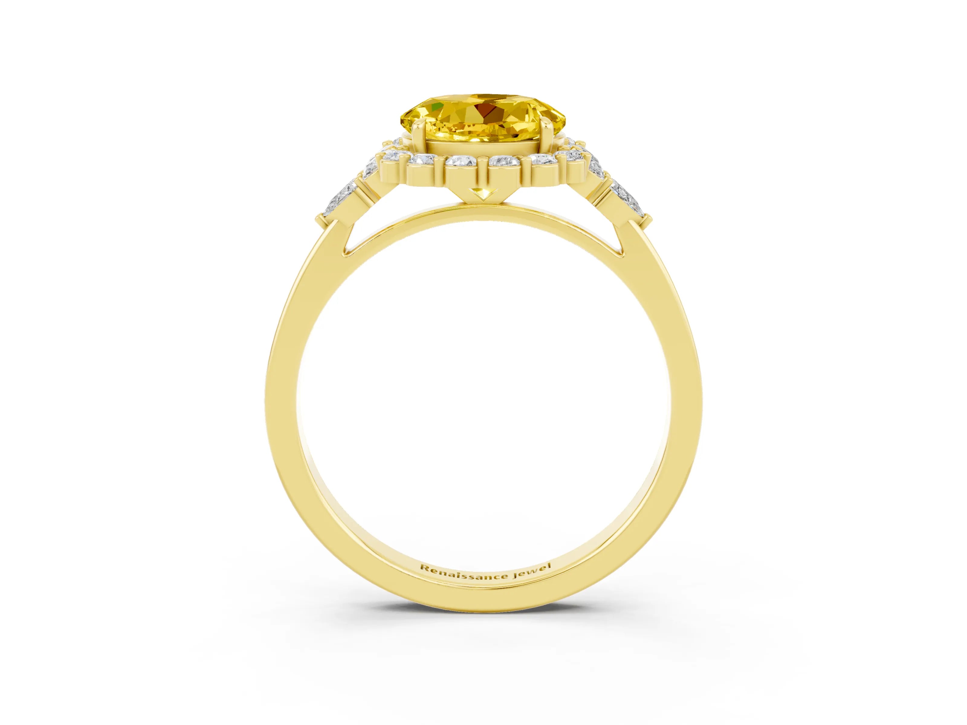 Yellow gold Round Cut Yellow Sapphire Halo Ring with Pear Side Stones and Prong Setting_15