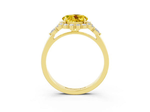 Yellow gold Round Cut Yellow Sapphire Halo Ring with Pear Side Stones and Prong Setting