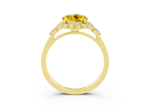 Yellow gold Round Cut Yellow Sapphire Halo Ring with Pear Side Stones and Prong Setting_15