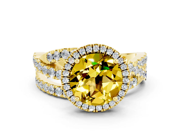 Yellow gold Round Cut Yellow Sapphire Halo Ring with Round Split Shank and Prong Setting