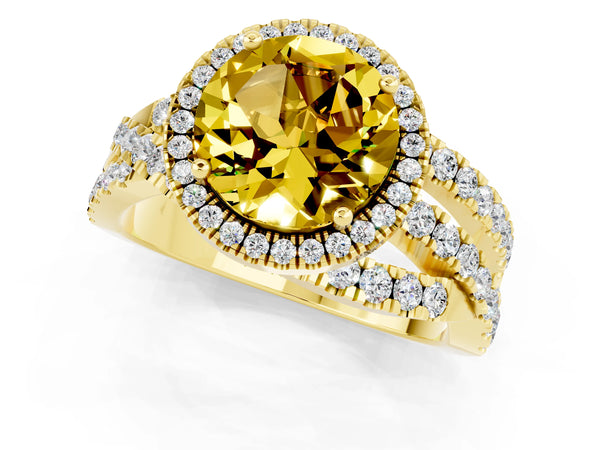 Yellow gold Round Cut Yellow Sapphire Halo Ring with Round Split Shank and Prong Setting