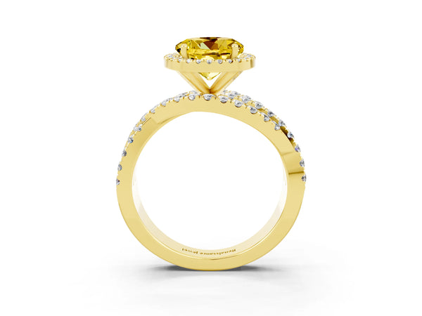 Yellow gold Round Cut Yellow Sapphire Halo Ring with Round Split Shank and Prong Setting