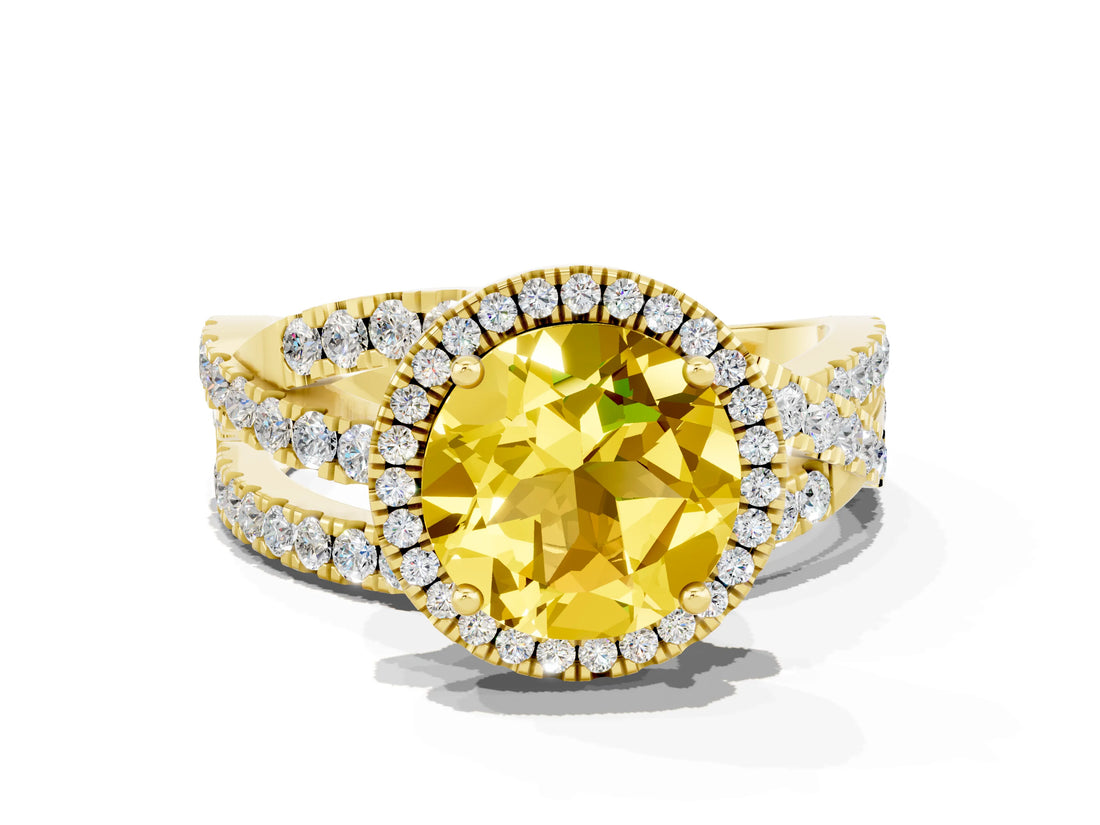 Yellow gold Round Cut Yellow Sapphire Halo Ring with Round Split Shank and Prong Setting_48