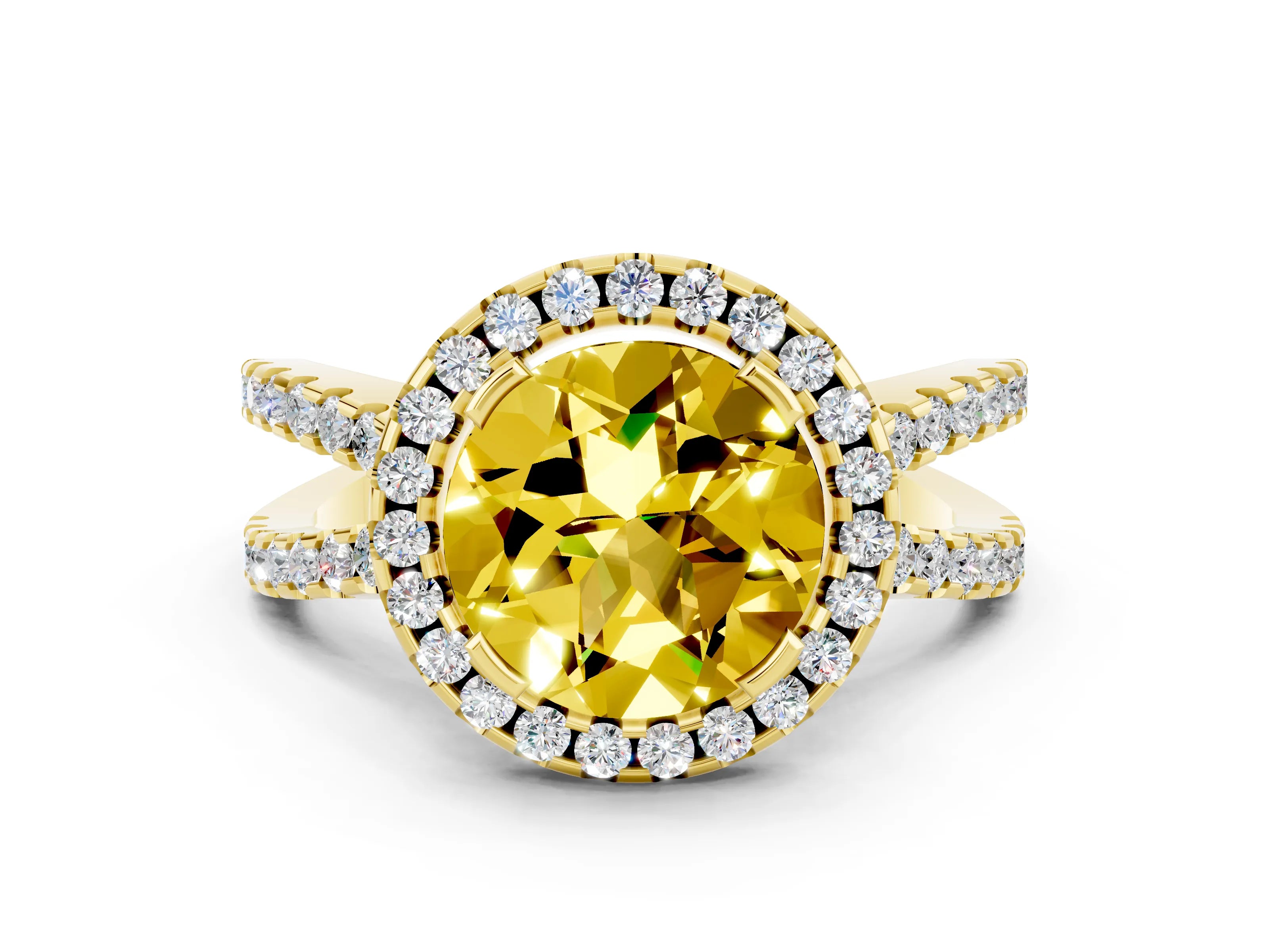 Yellow gold Round Cut Yellow Sapphire Halo Ring with Split Shank Pavé Band and Prong Setting_12