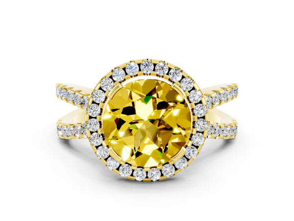 Yellow gold Round Cut Yellow Sapphire Halo Ring with Split Shank Pavé Band and Prong Setting