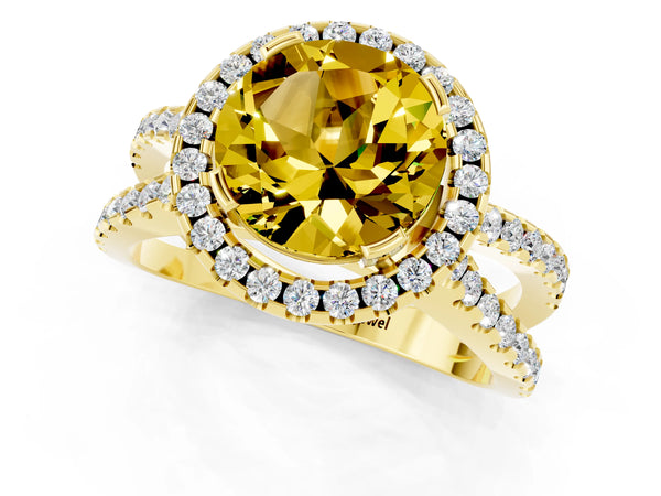 Yellow gold Round Cut Yellow Sapphire Halo Ring with Split Shank Pavé Band and Prong Setting
