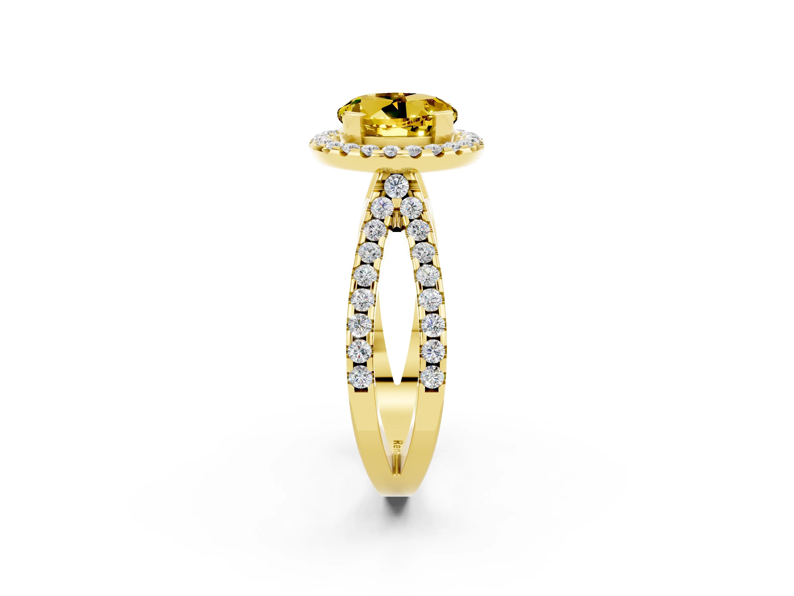 Yellow gold Round Cut Yellow Sapphire Halo Ring with Split Shank Pavé Band and Prong Setting_14