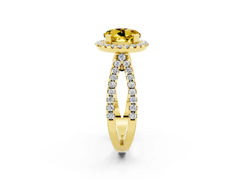 Yellow gold Round Cut Yellow Sapphire Halo Ring with Split Shank Pavé Band and Prong Setting_14