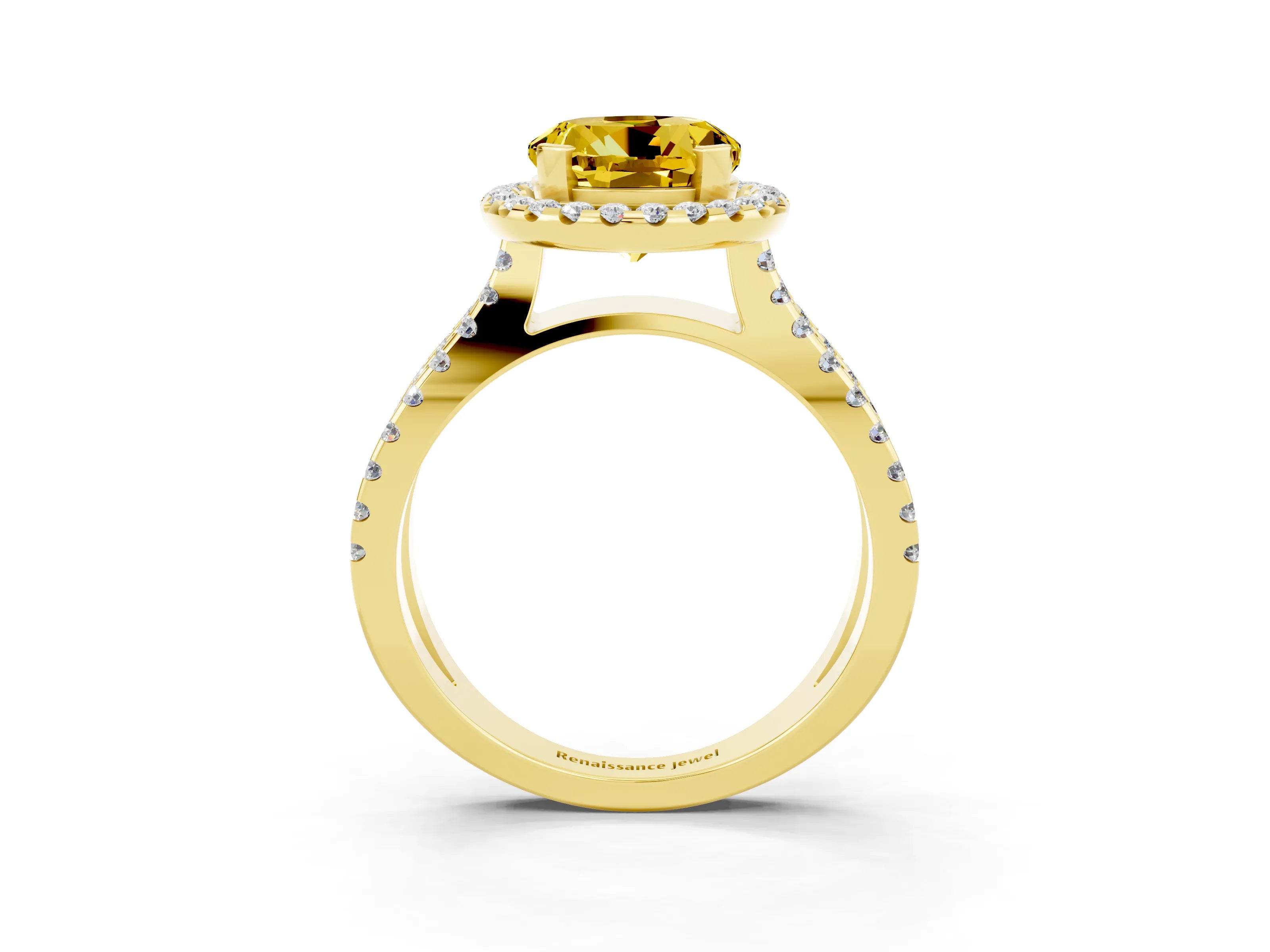 Yellow gold Round Cut Yellow Sapphire Halo Ring with Split Shank Pavé Band and Prong Setting_15