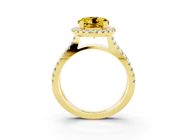 Yellow gold Round Cut Yellow Sapphire Halo Ring with Split Shank Pavé Band and Prong Setting