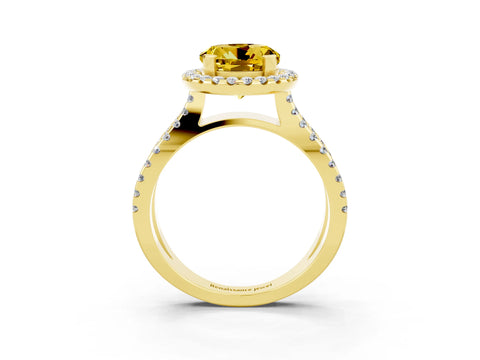 Yellow gold Round Cut Yellow Sapphire Halo Ring with Split Shank Pavé Band and Prong Setting_15