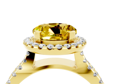 Yellow gold Round Cut Yellow Sapphire Halo Ring with Split Shank Pavé Band and Prong Setting_16