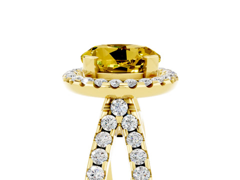 Yellow gold Round Cut Yellow Sapphire Halo Ring with Split Shank Pavé Band and Prong Setting_17