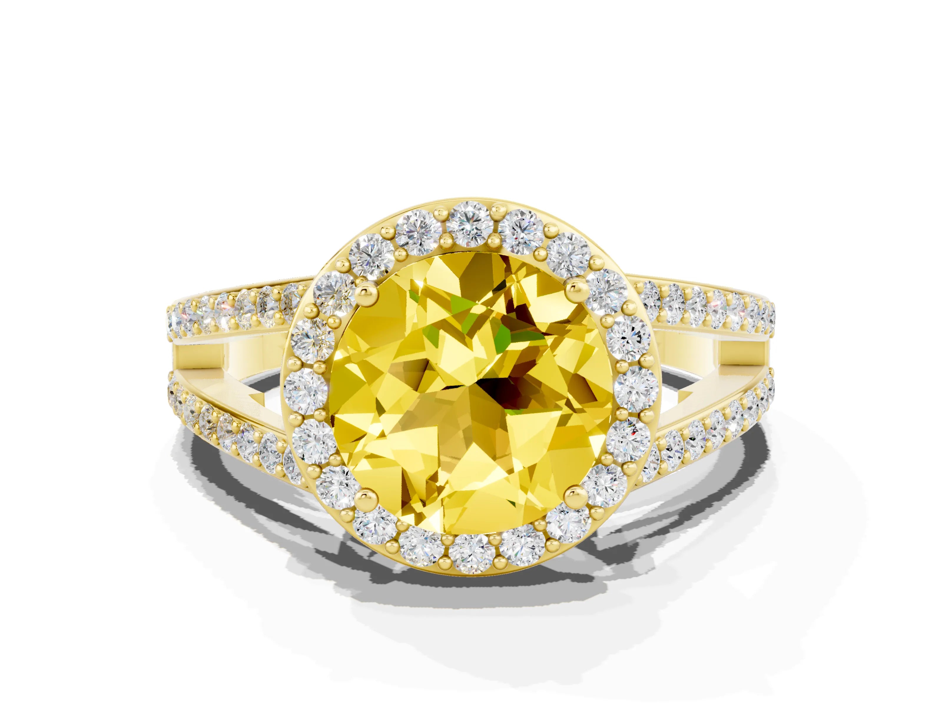 Yellow gold Round Cut Yellow Sapphire Halo Ring with Split Shank U-Prong Band and Four-Prong Setting