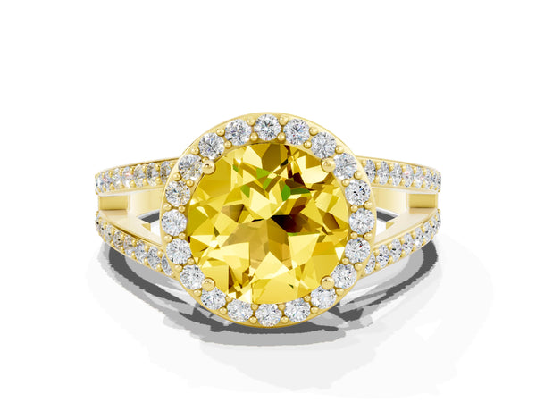 Yellow gold Round Cut Yellow Sapphire Halo Ring with Split Shank U-Prong Band and Four-Prong Setting