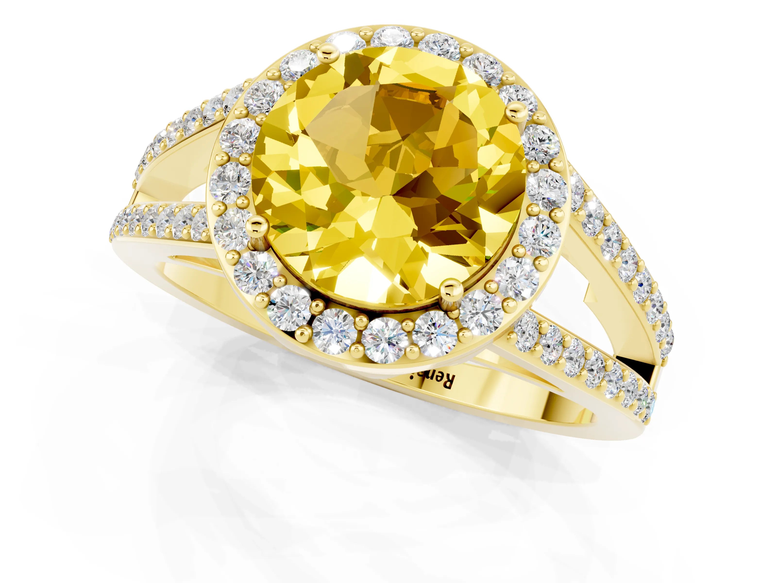 Yellow gold Round Cut Yellow Sapphire Halo Ring with Split Shank U-Prong Band and Four-Prong Setting_1