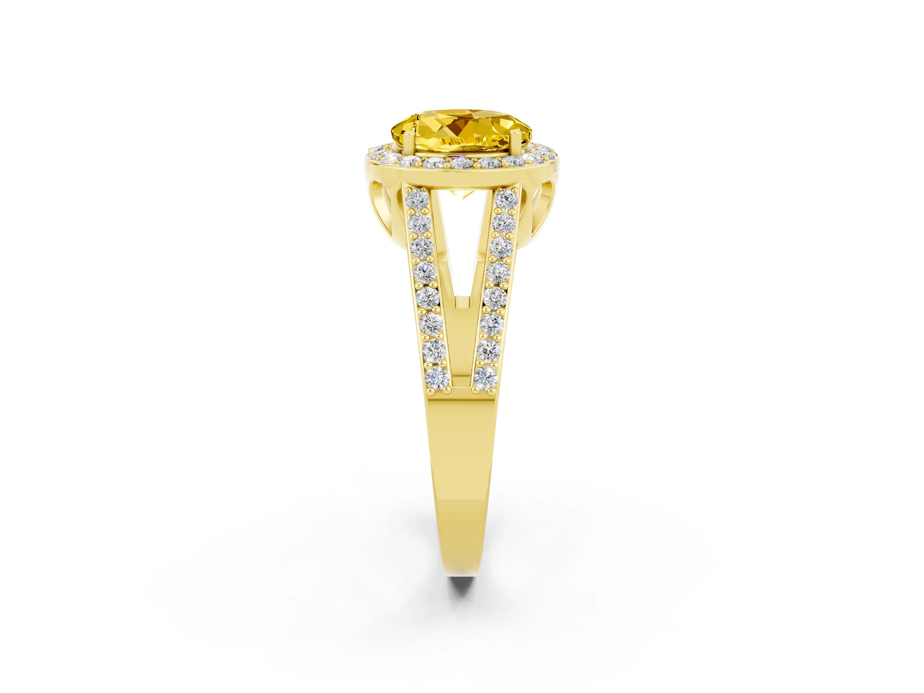 Yellow gold Round Cut Yellow Sapphire Halo Ring with Split Shank U-Prong Band and Four-Prong Setting_2