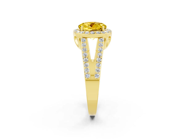 Yellow gold Round Cut Yellow Sapphire Halo Ring with Split Shank U-Prong Band and Four-Prong Setting