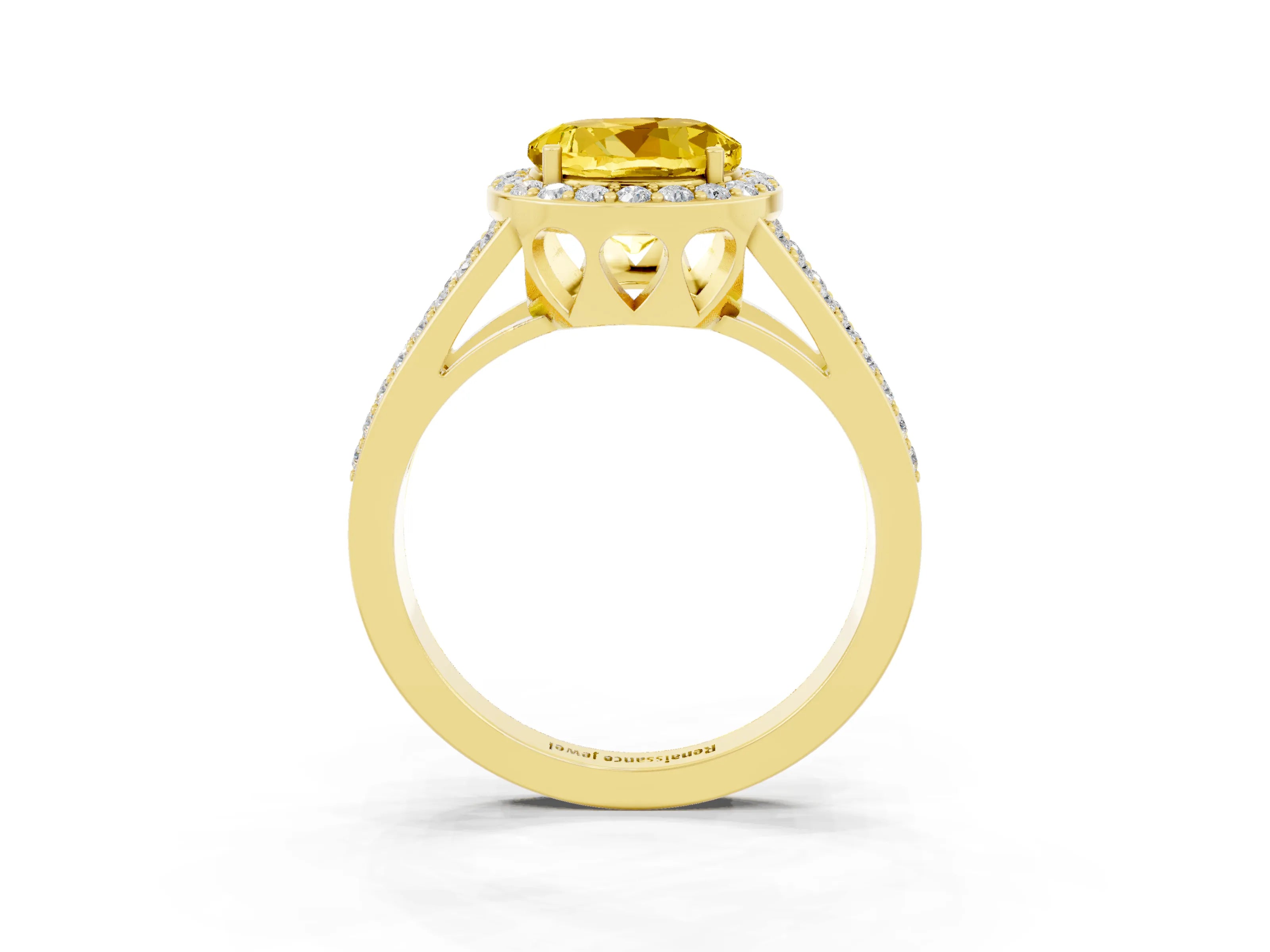 Yellow gold Round Cut Yellow Sapphire Halo Ring with Split Shank U-Prong Band and Four-Prong Setting_3