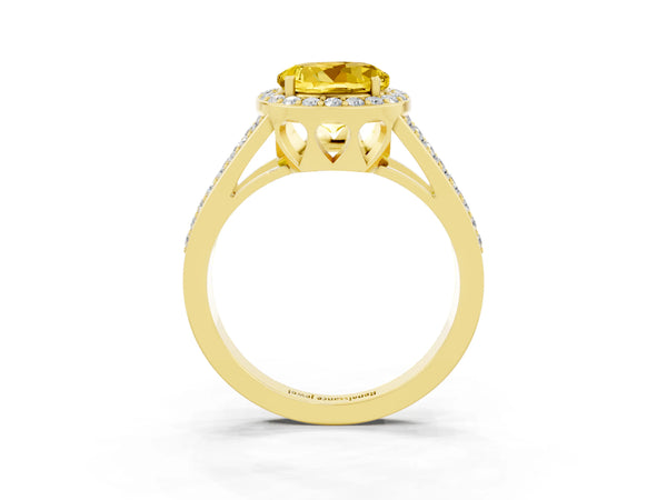 Yellow gold Round Cut Yellow Sapphire Halo Ring with Split Shank U-Prong Band and Four-Prong Setting