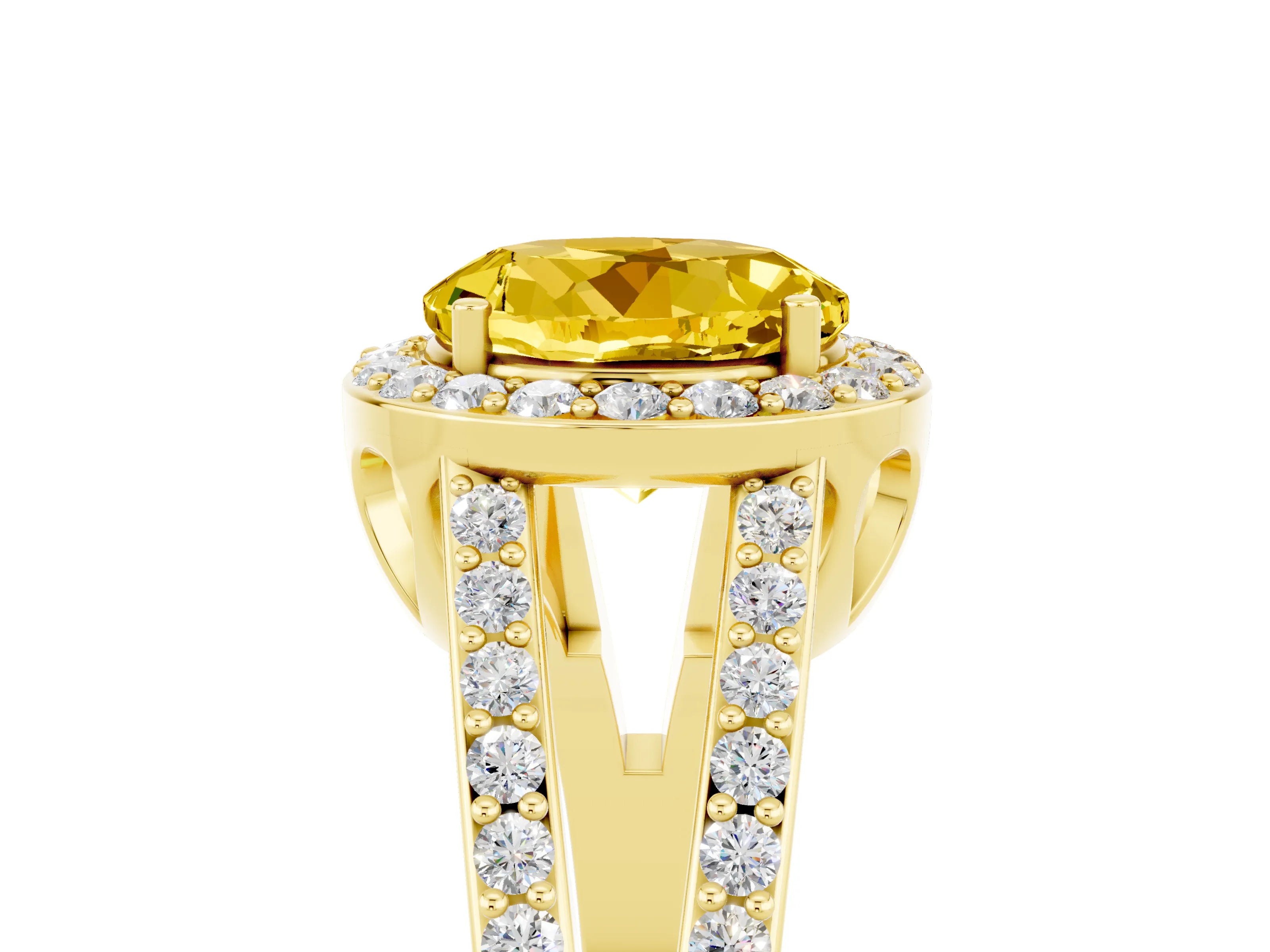 Yellow gold Round Cut Yellow Sapphire Halo Ring with Split Shank U-Prong Band and Four-Prong Setting_5