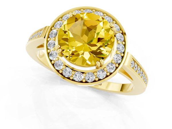Yellow gold Round Cut Yellow Sapphire Halo Ring with Split Shank and Four-Prong Setting