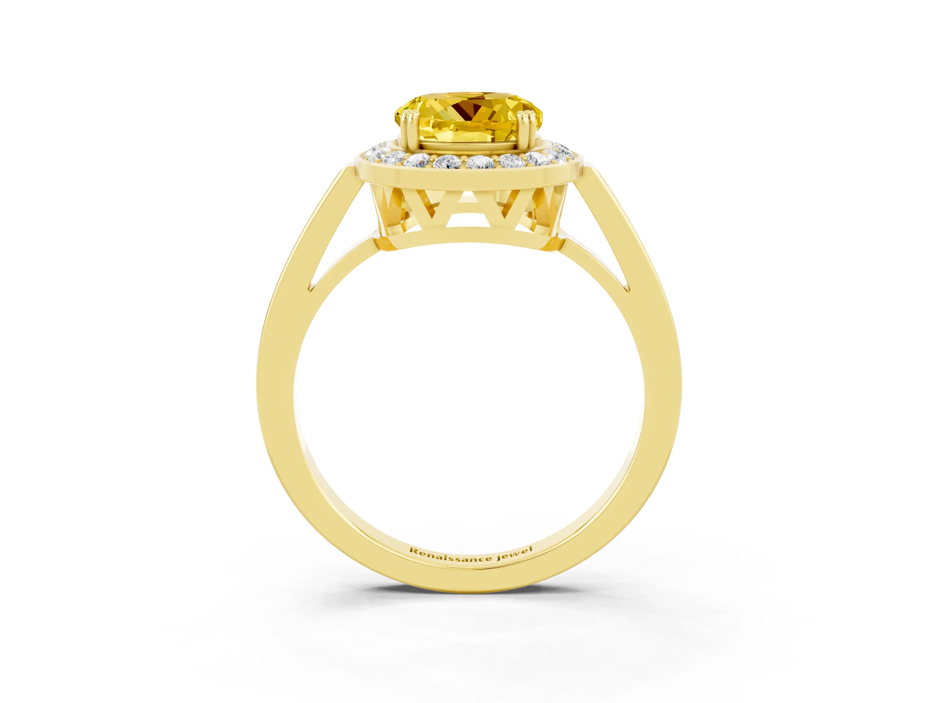 Yellow gold Round Cut Yellow Sapphire Halo Ring with Split Shank and Four-Prong Setting_3