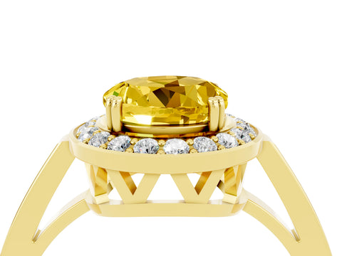Yellow gold Round Cut Yellow Sapphire Halo Ring with Split Shank and Four-Prong Setting_4