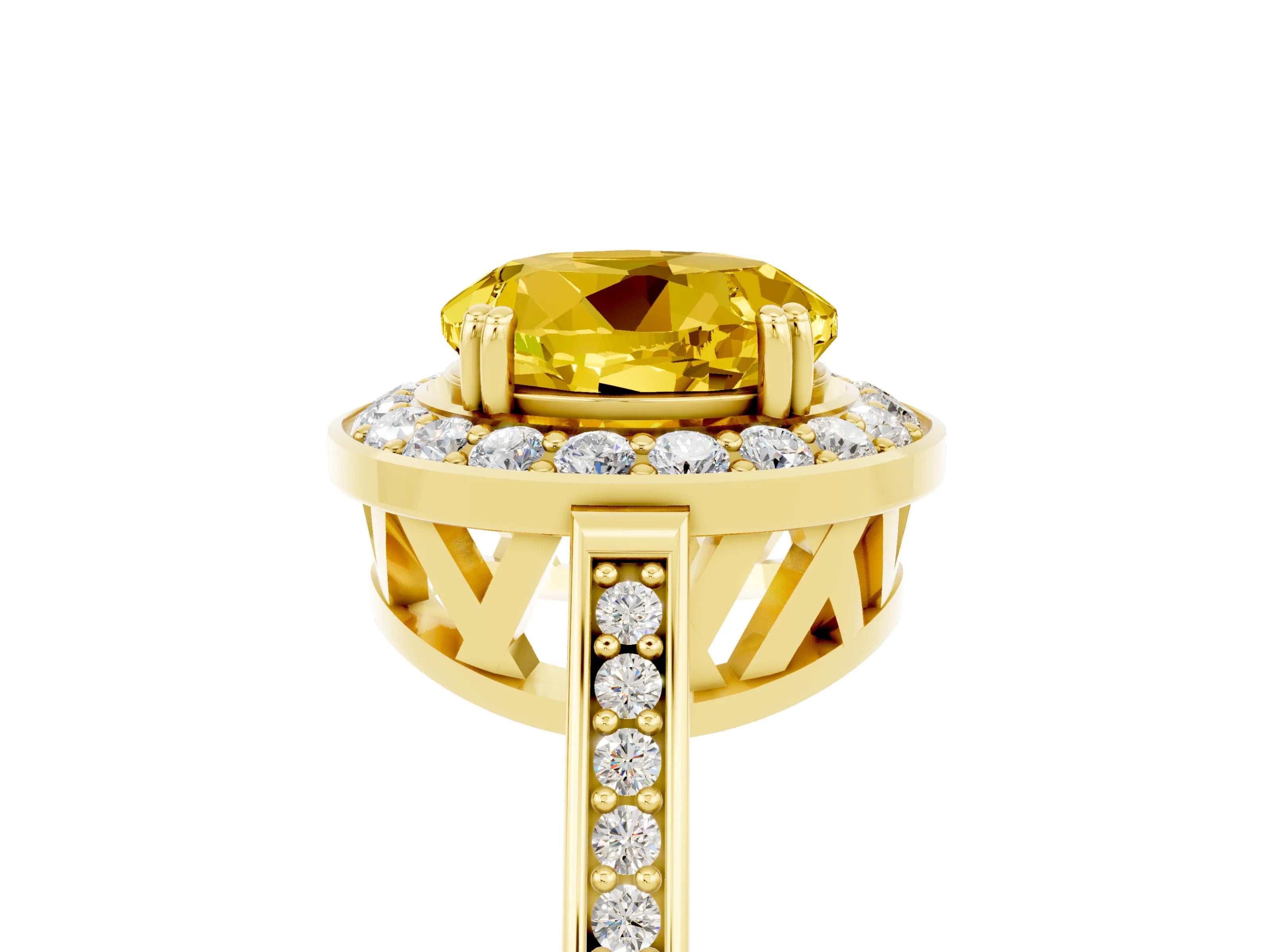 Yellow gold Round Cut Yellow Sapphire Halo Ring with Split Shank and Four-Prong Setting_5