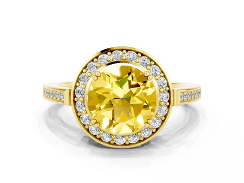 Yellow gold Round Cut Yellow Sapphire Halo Ring with Split Shank and Four-Prong Setting